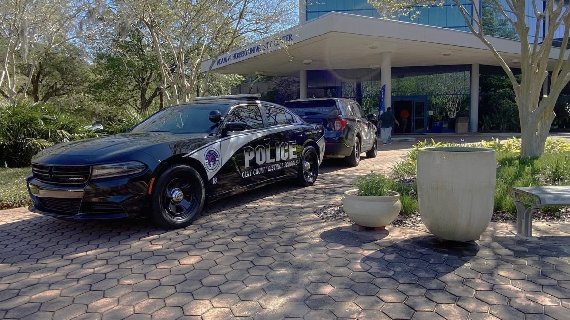 A Clay County school district cruiser is displayed at the University of North Florida. 
