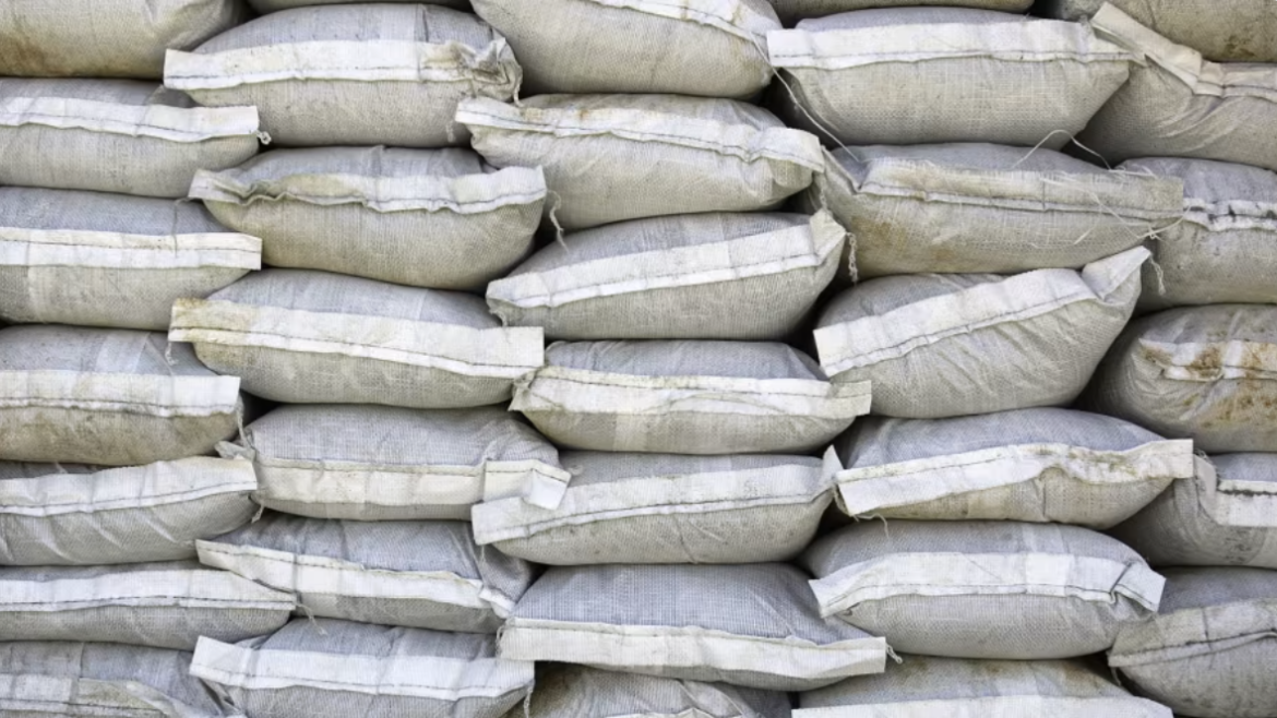 Sandbags are stacked before a storm. 