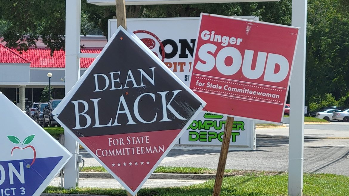 Campaign signs are posted at Bowden and Spring Park roads for two candidates for state committeeman and state committeewoman. 