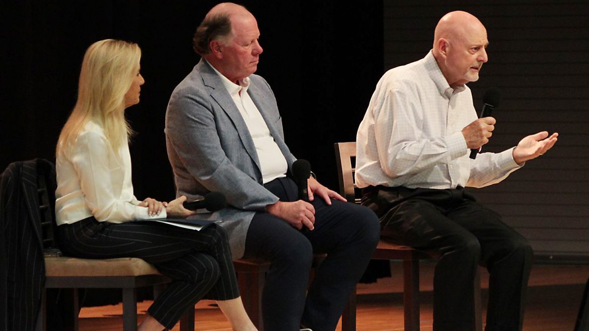 Mike Weinstein, right, Jacksonville's chief negotiator on stadium renovations, explains the stadium deal at a community meeting earlier this year. With him are Mayor Donna Deegan and Jag's President Mark Lamping. 