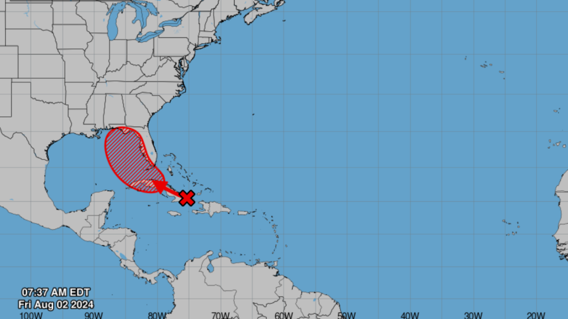 The colored area indicates where the tropical system could develop. It is not the forecast path of the storm. 
