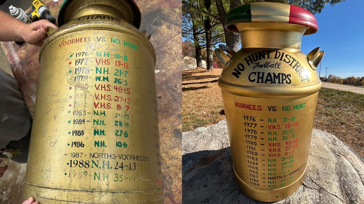 A velha Lata de Leite, à esquerda; o novo, que o futebol Voorhees e North Hunterdon jogará na noite de sexta-feira, à direita.