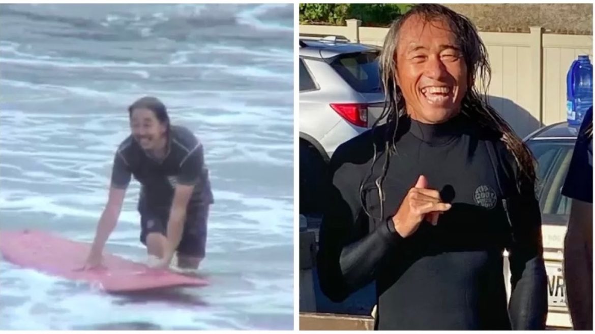 O surfista Kenji Miyauchi foi mordido na perna, logo abaixo do joelho Imagem: Reprodução/YouTube/GoFundMe