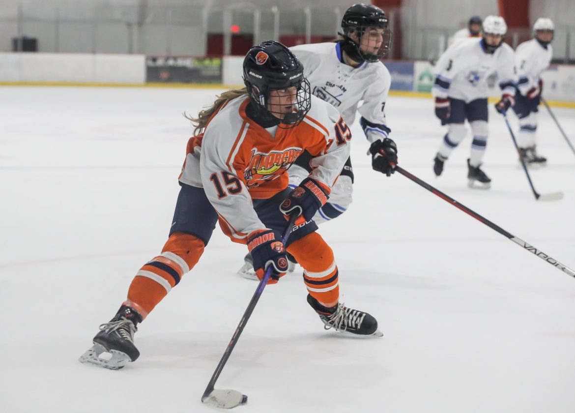 Sienna DeAngelis (15) do Trinity Hall tenta acertar um chute a gol durante o jogo feminino de hóquei no gelo entre Trinity Hall e Chatham-Millburn na Jersey Shore Arena em Wall Township, NJ, na quarta-feira, 21 de fevereiro de 2024.