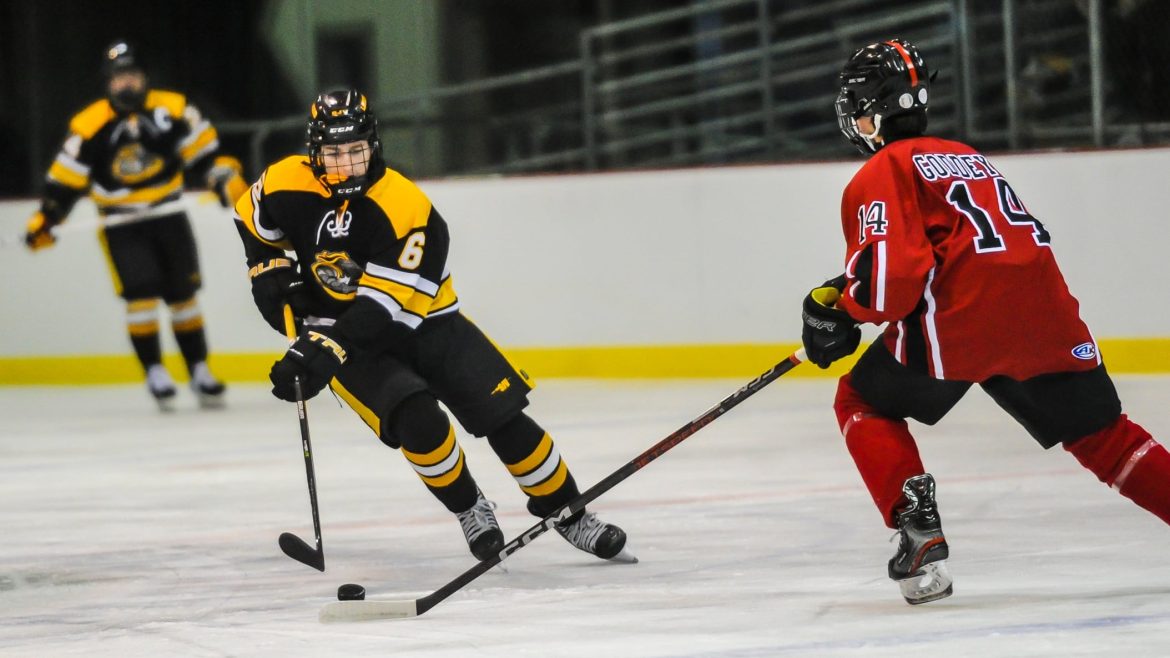 Zack Schlein (6) de St. John Vianney patina com o disco contra Brendan Goddeyne (14) de Robbinsville em um jogo no Mercer County Park Ice Rink em West Windsor em 13 de janeiro de 2023.