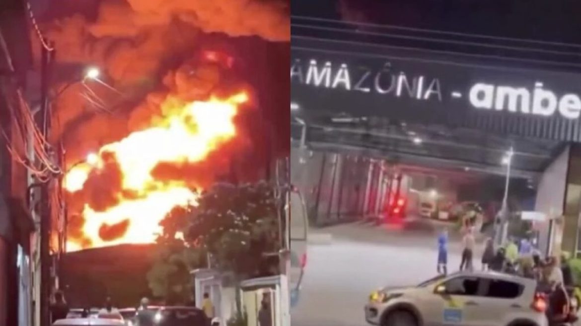 Incêndio de grandes proporções atinge fábrica da Ambev em Manaus Foto: Reprodução/ Print de vídeo redes sociais