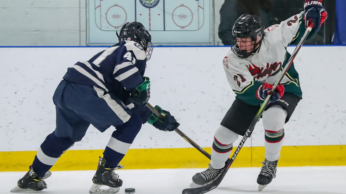Brody Hansen (21), de Ridge, faz um movimento contra Derek Peng (41) de Pingry durante o jogo de hóquei no gelo no Rock Ice Center em Dunellen, NJ, na quarta -feira, 20 de dezembro de 2023.