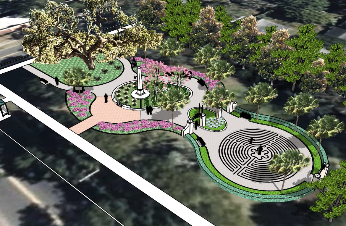 An illustration shows the proposed redesign of Peace Memorial Park in Riverside.