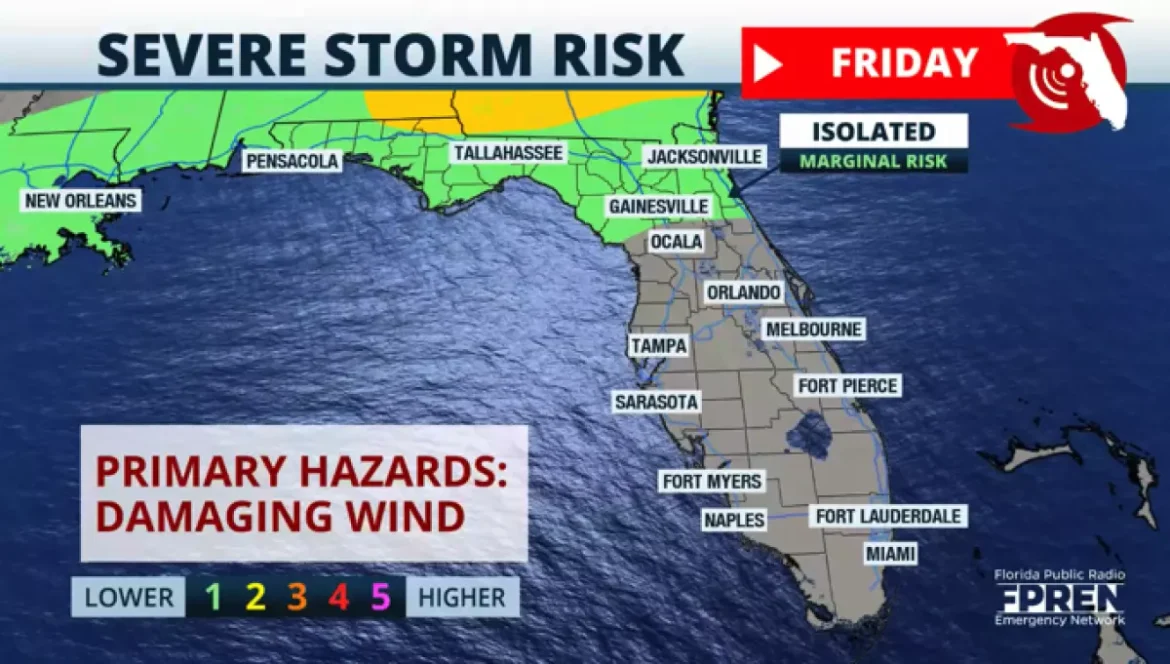 O risco severo permanece confinado ao norte da Flórida e ao Panhandle na tarde de sexta -feira e à noite.