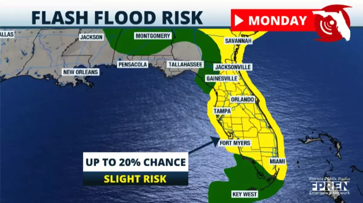As inundações repentinas podem acontecer a 40 quilômetros de qualquer ponto destacado em amarelo, sob um pequeno risco.
