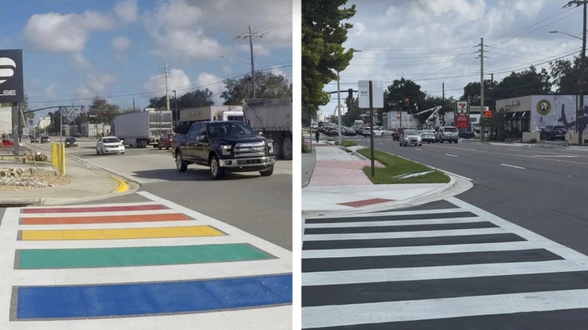 Two images showing the rainbow crosswalk, before and after it was removed