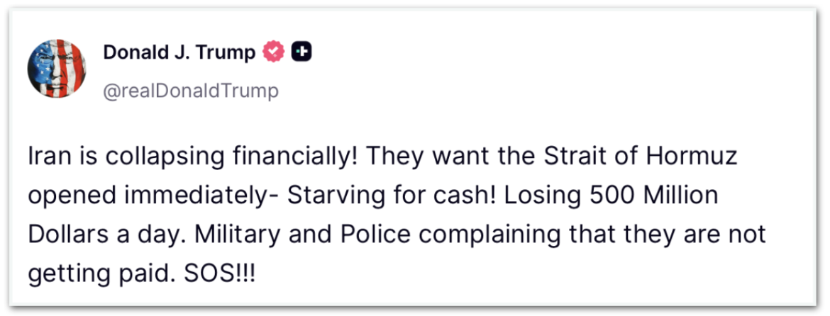 Publicação de Donald Trump em que ele afirma que o Irã está colapsando finananceiramente