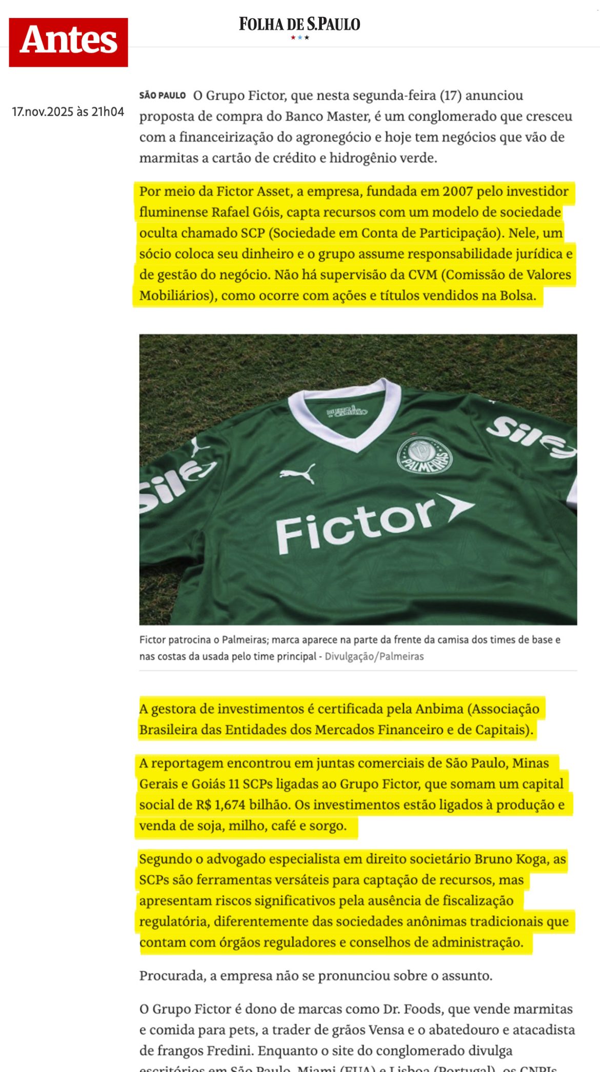 Inicialmente, reportagem tinha quatro parágrafos críticos à atuação da Fictor